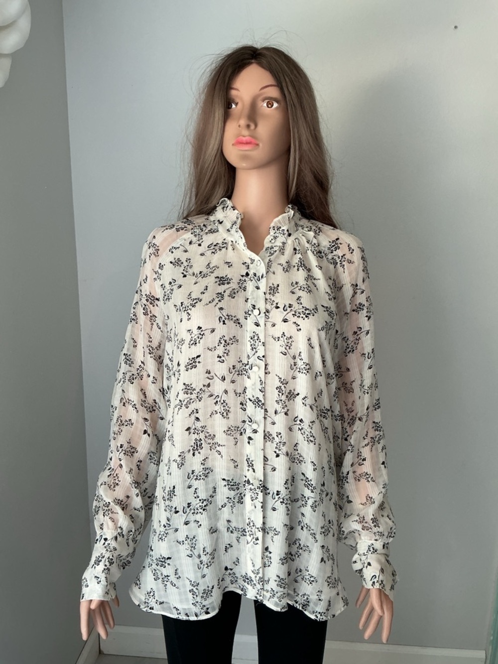 Ann Taylor Sheer White Button-Up Blouse with Black Floral Print